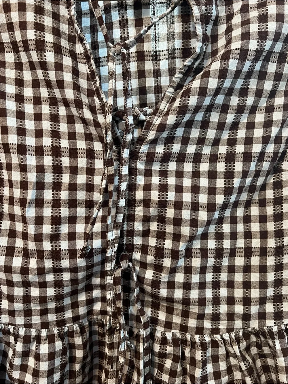 Time and Tru Gingham Peplum Tie Front Blouse Brown White Size S 4-6